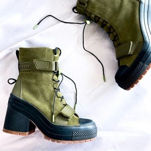 Converse CTAS GR 82 XX-HI top chunky heel boots in avocado green suede.